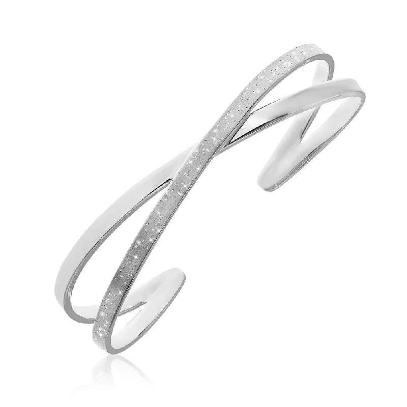 friendship bangles for women -Sterling Silver Fancy X Style Open Cuff with Stardust Finish