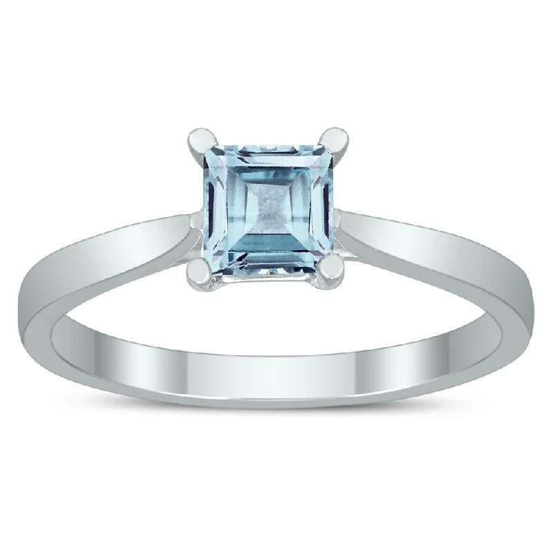 vintage solitaire rings -Square Princess Cut 5MM Aquamarine Solitaire Ring in 10K White Gold