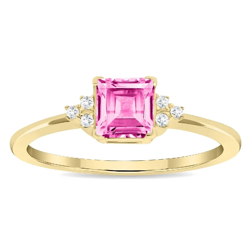 trendy rings for women -Women's Square Shaped Pink Topaz and Diamond Half Moon Ring in 10K Yellow Gold