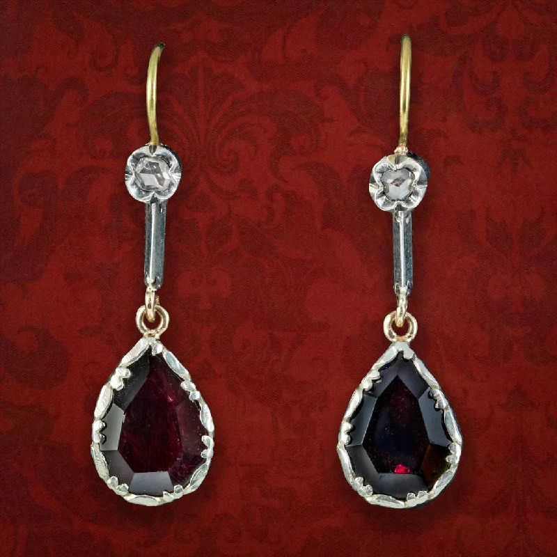 evening earrings for women -Georgian Style Garnet Diamond Drop Earrings Silver 18ct Gold