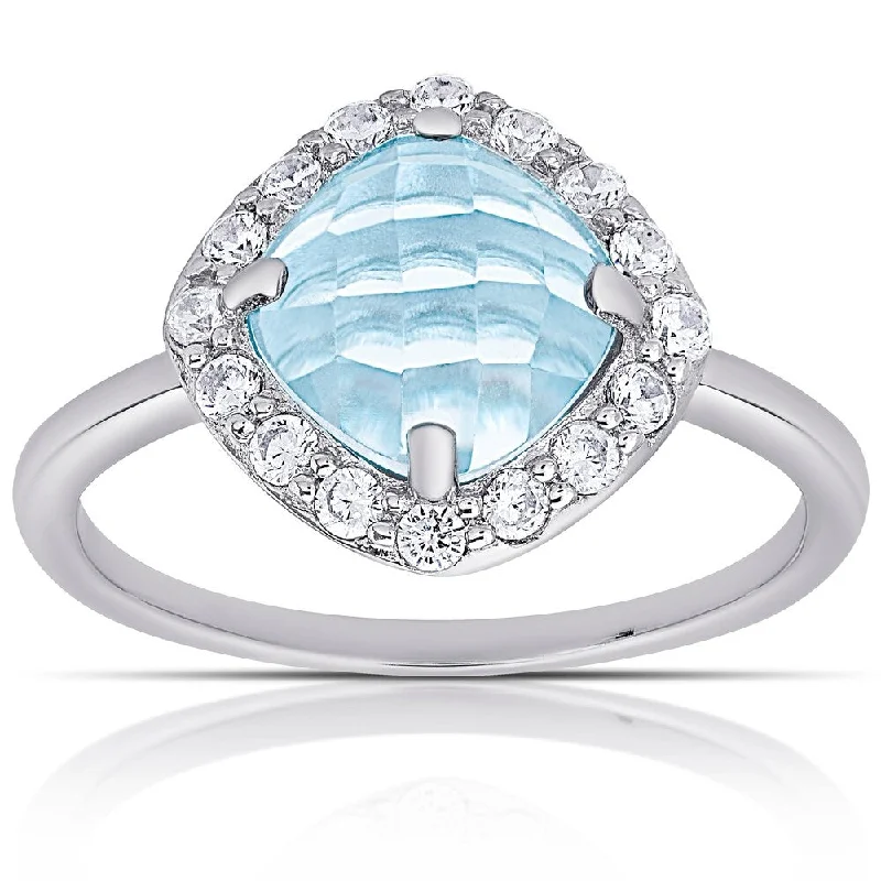 vintage wedding rings for women -Dolce Giavonna Sterling Silver Blue Topaz and Cubic Zirconia Halo Design Ring - White