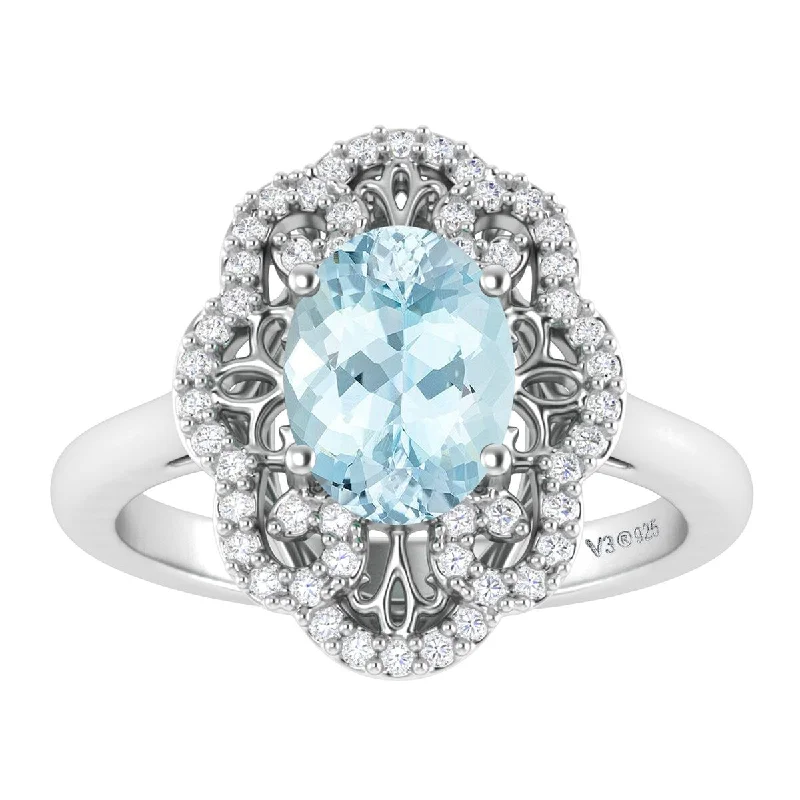 luxury diamond wedding rings -Sterling Silver with Natural Aquamarine and White Topaz Cluster Ring