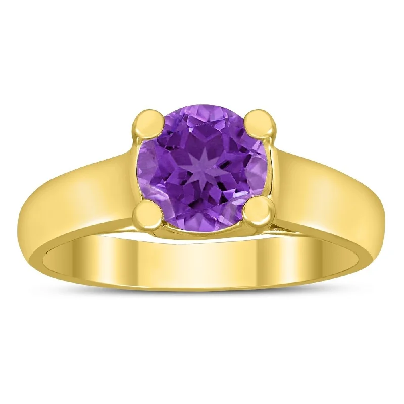 fashion gemstone rings for women -Round 7MM Amethyst Cathedral Solitaire Ring in 10K Yellow Gold