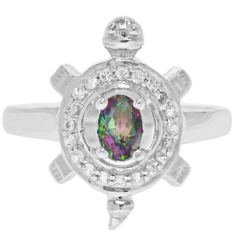 pearl rings for women -Sterling Silver with Mystic Topaz and Natural White Topaz Turtle Ring