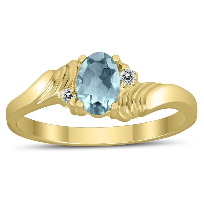 wedding rings for women -6X4MM Aquamarine and Diamond Wave Ring in 10K Yellow Gold