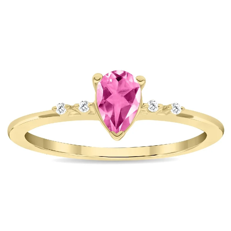 rose gold engagement rings -Women's Pear Shaped Pink Topaz and Diamond Sparkle Ring in 10K Yellow Gold