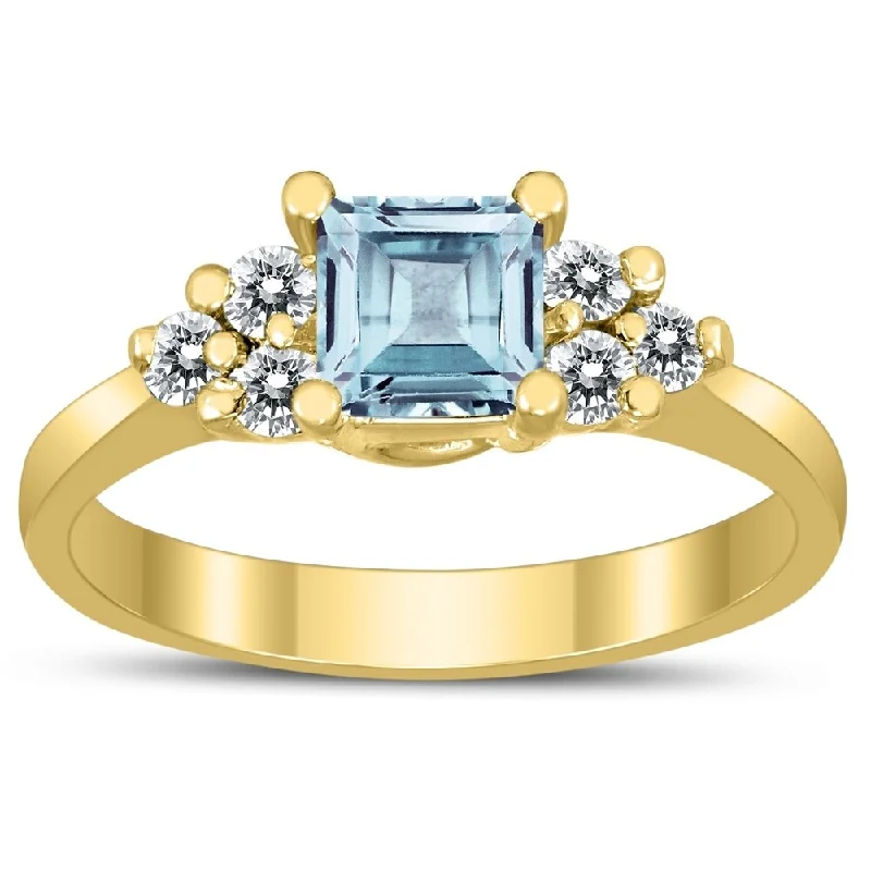 custom birthstone rings -Princess Cut 5X5MM Aquamarine and Diamond Duchess Ring in 10K Yellow Gold