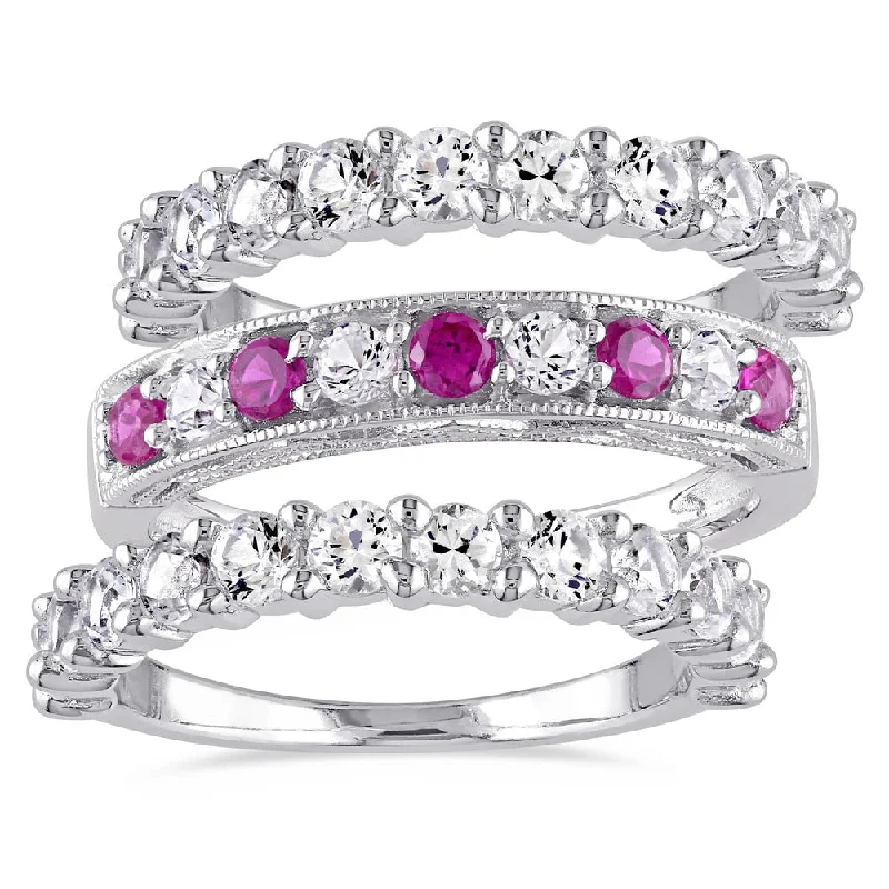 large statement rings -Miadora Sterling Silver Created Ruby and White Sapphire 3-Piece Semi-Eternity Milgrain Ring Set - Red