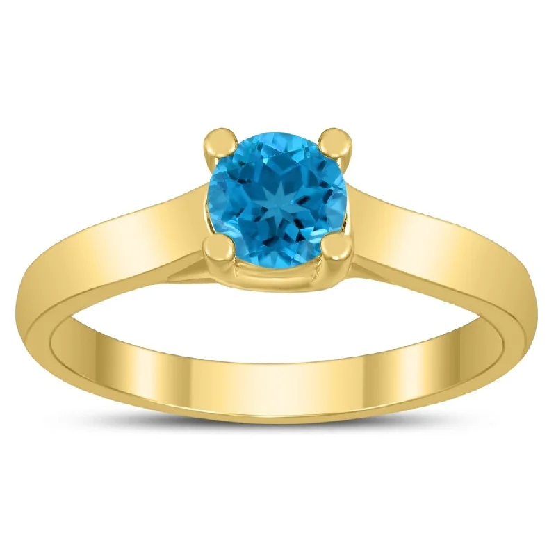 thick gold rings for women -Round 5MM Blue Topaz Cathedral Solitaire Ring in 10K Yellow Gold