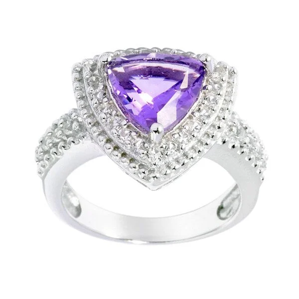 classic rings for women -Sterling Silver Trillion-cut Amethyst White Topaz Halo Ring