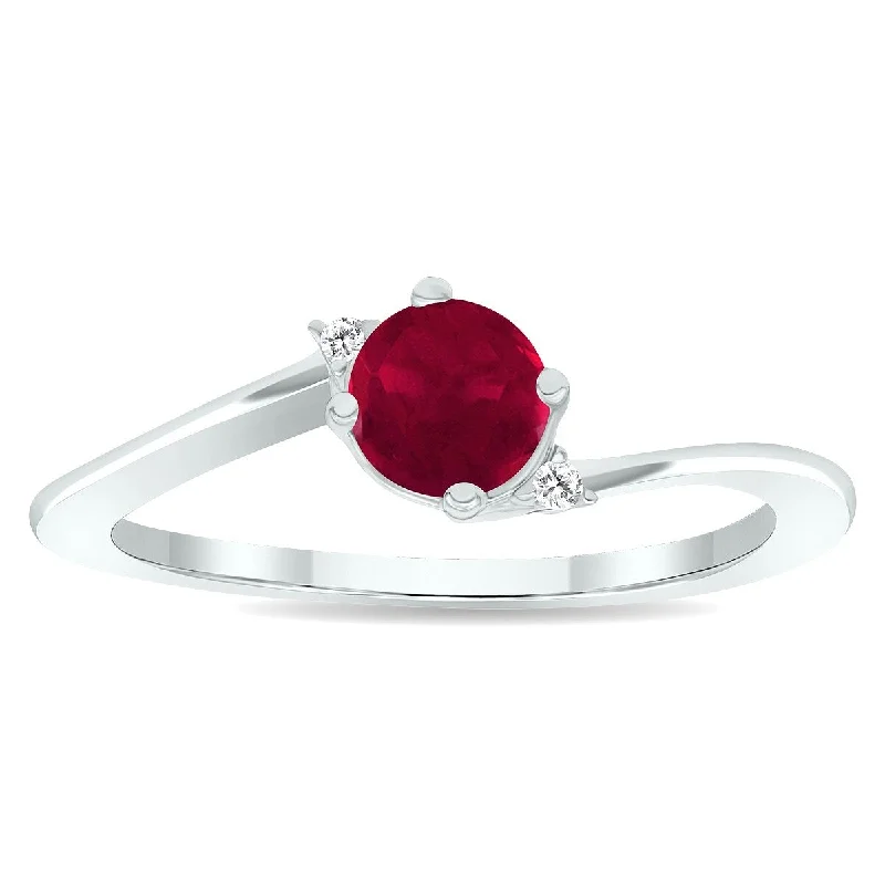 silver rings for women -Women's Ruby and Diamond Wave Ring in 10K White Gold