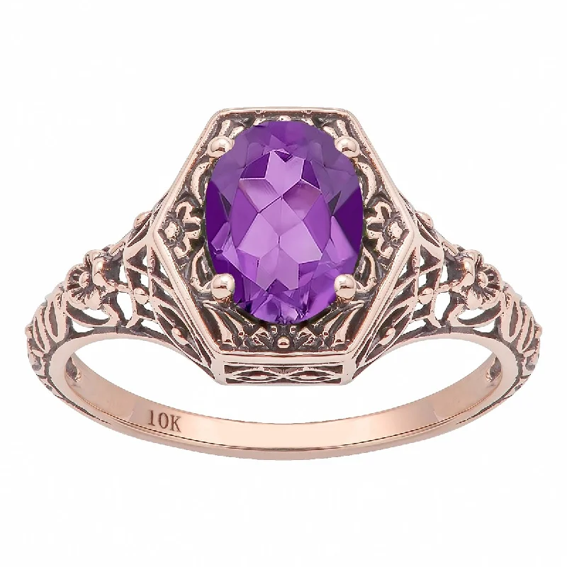 fashion rings for women -Viducci 10k Rose Gold Vintage Style Genuine Oval Amethyst Ring