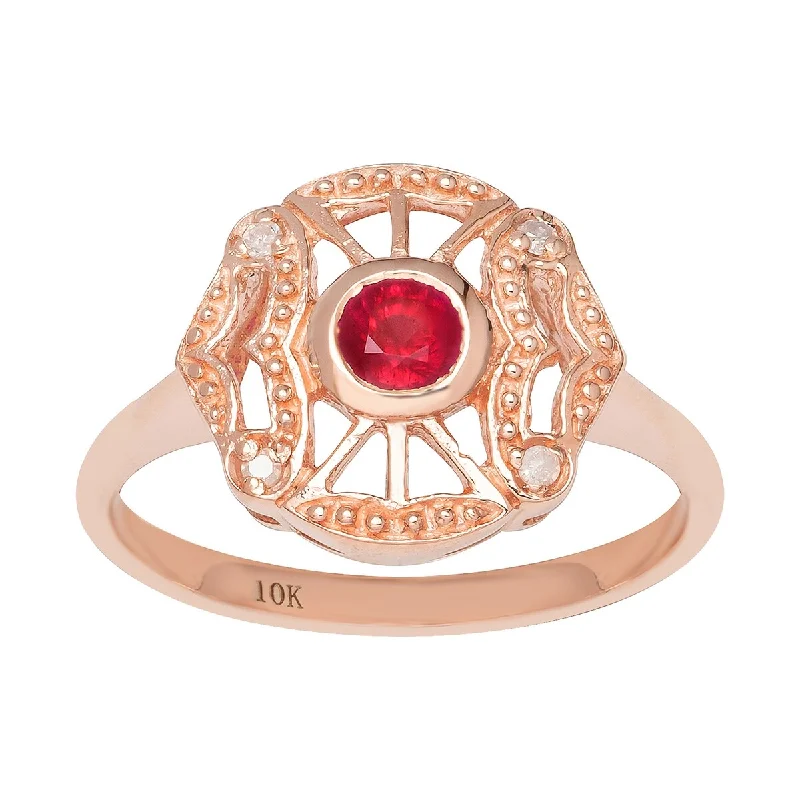 anniversary rings with diamonds -Viducci 10k Rose Gold Vintage Style Genuine Round Ruby and Diamond Accent Ring