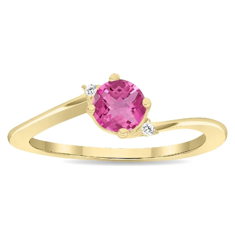 wedding sets with rings -Women's Round Shaped Pink Topaz and Diamond Wave Ring in 10K Yellow Gold