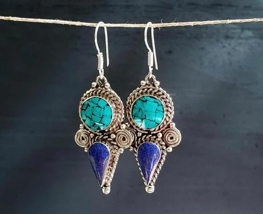 personalized earrings for women -Tibetan Turquoise Lapis Dagger Earrings