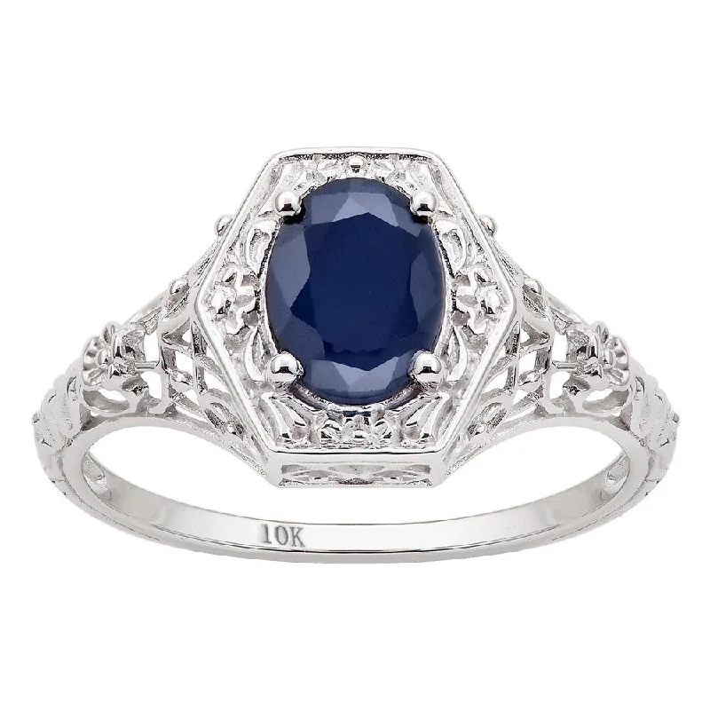 simple wedding rings for women -Viducci 10k White Gold Vintage Style Genuine Oval Sapphire Ring