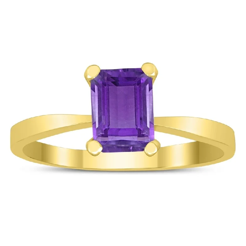 custom birthstone rings -Emerald Shaped 7X5MM Amethyst Solitaire Ring in 10K Yellow Gold