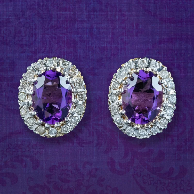 minimalist gold earrings for women -Victorian Style Amethyst Diamond Cluster Stud Earrings 9ct Gold