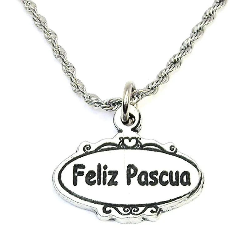 bridal pearl necklaces for women -Feliz Pascua Scrolled Oval Plaque Single Charm Necklace