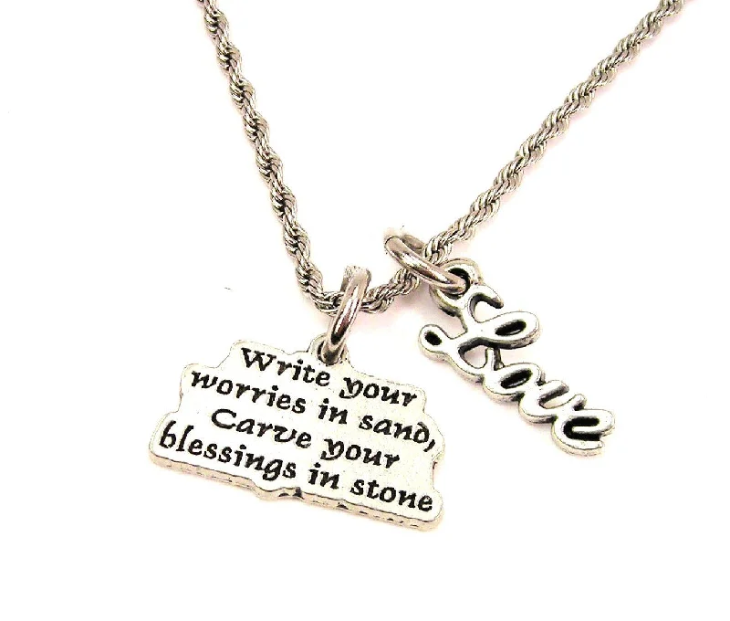 simple chain necklaces for women -Write Your Worries In Sand Carve Your Blessings In Stone 20" Chain Necklace With Cursive Love Accent