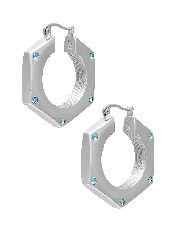 statement earrings for women -Hex Nut Hollow Tube Hoop Earrings - Silver