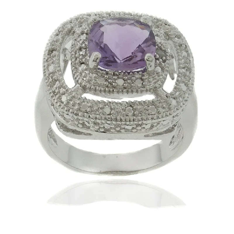 adjustable rings for women -Dolce Giavonna Silver Overlay Amethyst and Diamond Accent Square Ring