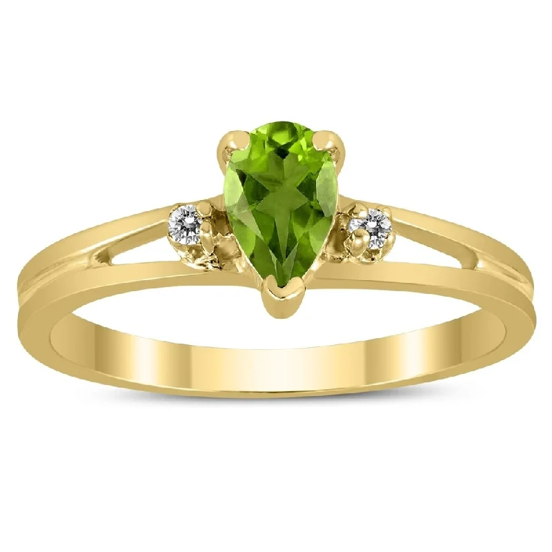 large statement rings for women -6X4MM Peridot and Diamond Pear Shaped Open Three Stone Ring in 10K Yellow Gold