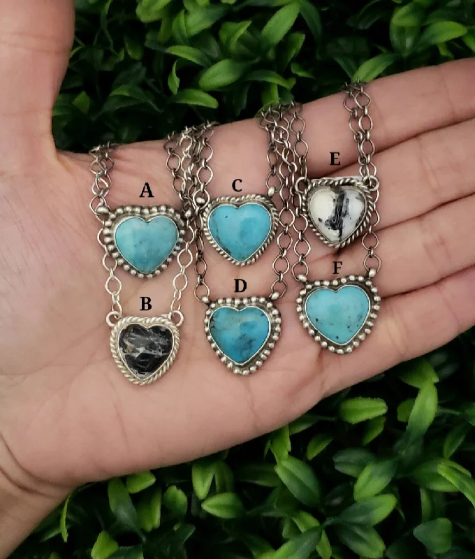 butterfly necklaces for women -Stamped Sterling Silver Turquoise & White Buffalo Heart Necklaces