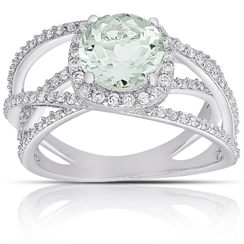 promise rings with birthstones -Dolce Giavonna Sterling Silver Green Amethyst and Cubic Zirconia Multi Row Ring