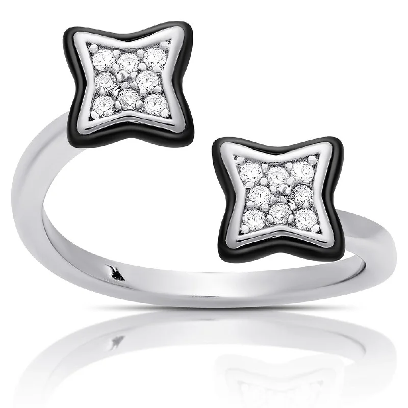 luxury wedding rings -Samantha Stone Sterling Silver Cubic Zirconia Ceramic Clover Open Ring