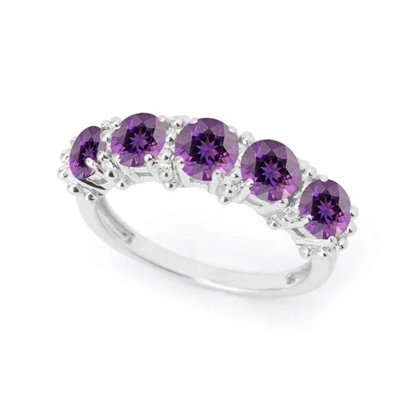 minimalist rings for women -Sterling Silver Five Stone Natural Amethyst Ring