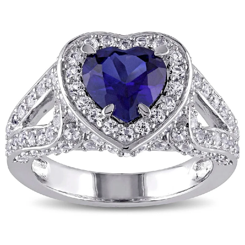 silver engagement rings -Miadora Sterling Silver Created Blue and White Sapphire Split Shank Heart Halo Ring