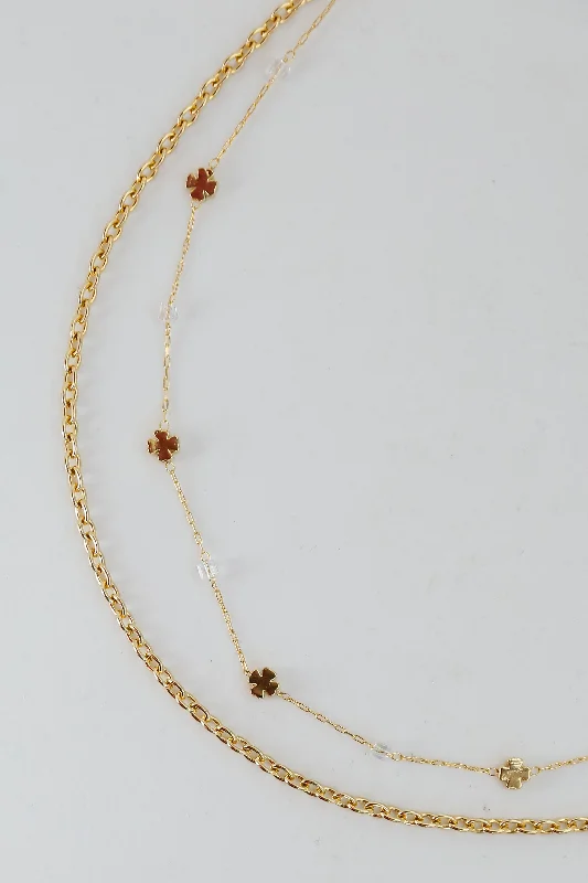 gold bar necklaces for women -FINAL SALE - Bridget Gold Four Leaf Clover Layered Chain Necklace