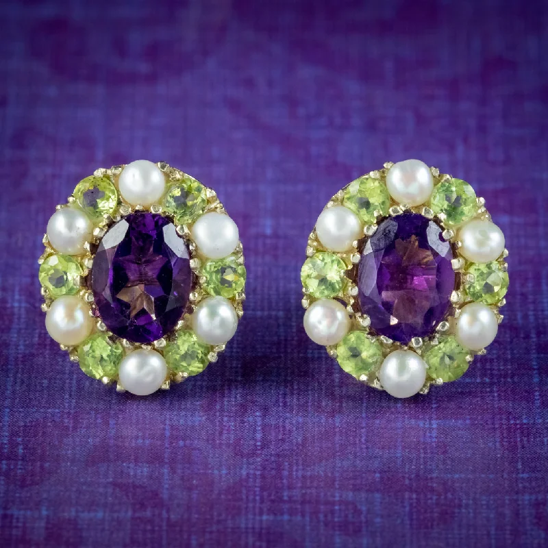 antique drop earrings for women -Edwardian Suffragette Style Cluster Earrings Amethyst Peridot Pearl