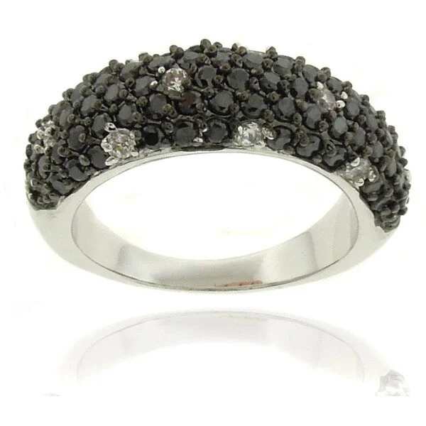 wedding bands for women -Dolce Giavonna Silver Overlay Cubic Zirconia Black and White Dotted Ring