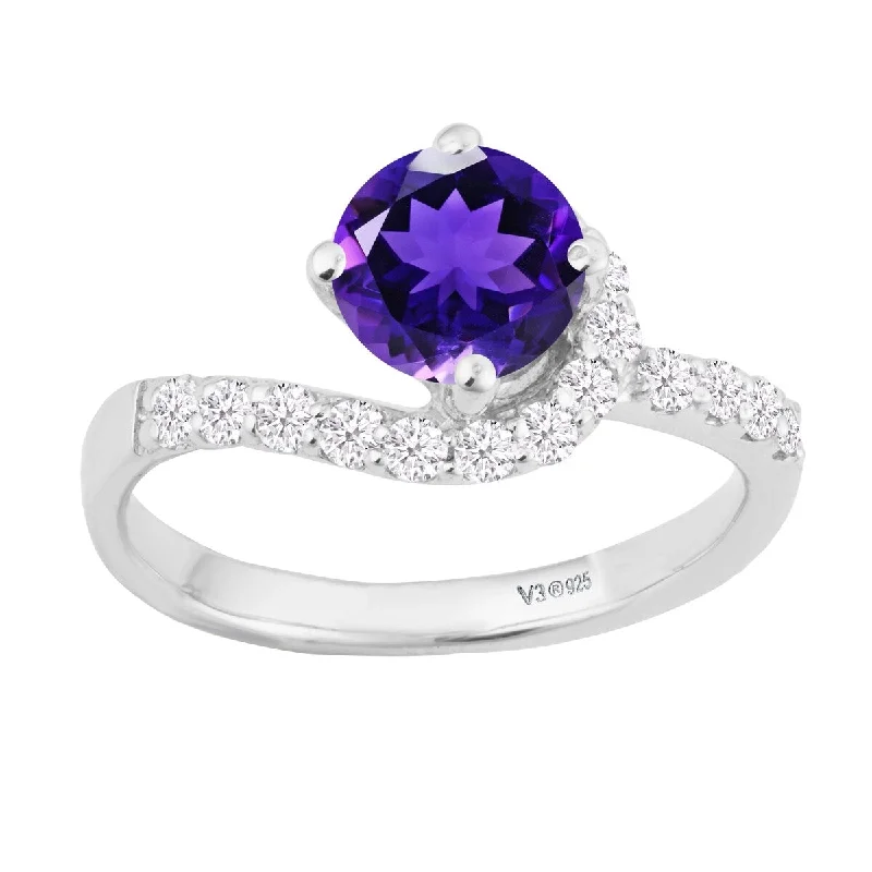 engraved rings for women -Sterling Silver with Natural Amethyst and White Zircon Promise Ring