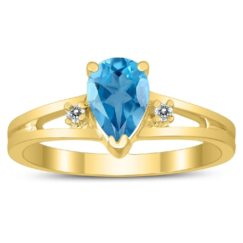 wedding bands with diamonds -7X5MM Blue Topaz and Diamond Pear Shaped Open Three Stone Ring in 10K Yellow Gold