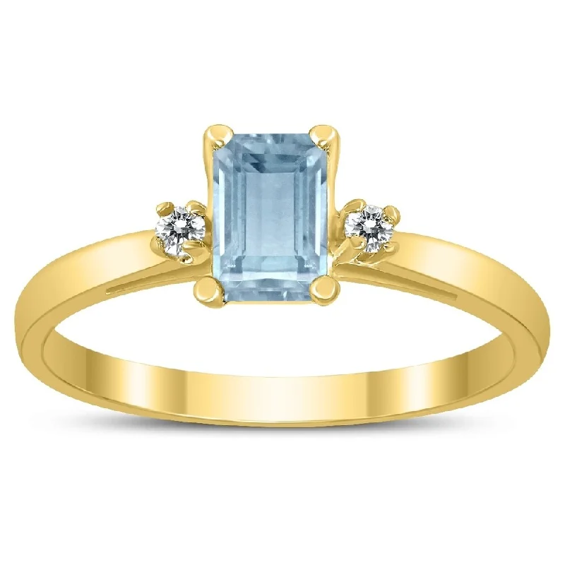 luxury rings for women -Emerald Cut 6X4MM Aquamarine and Diamond Three Stone Ring in 10K Yellow Gold