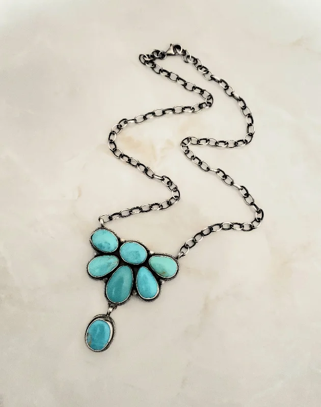 short necklaces for women -Stamped Sterling Silver Turquoise 7 Stone Half Cluster Necklace