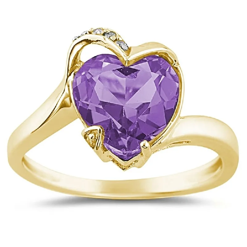 silver engagement rings -Heart Shaped Amethyst and Diamond Curve Ring in 14K Yellow Gold