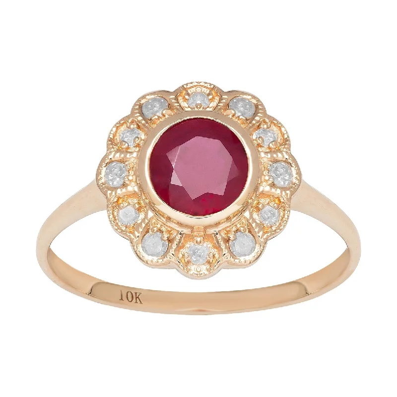 luxury rose gold rings -Viducci 10k Yellow Gold Vintage Style Genuine Round Ruby and Diamond Halo Ring