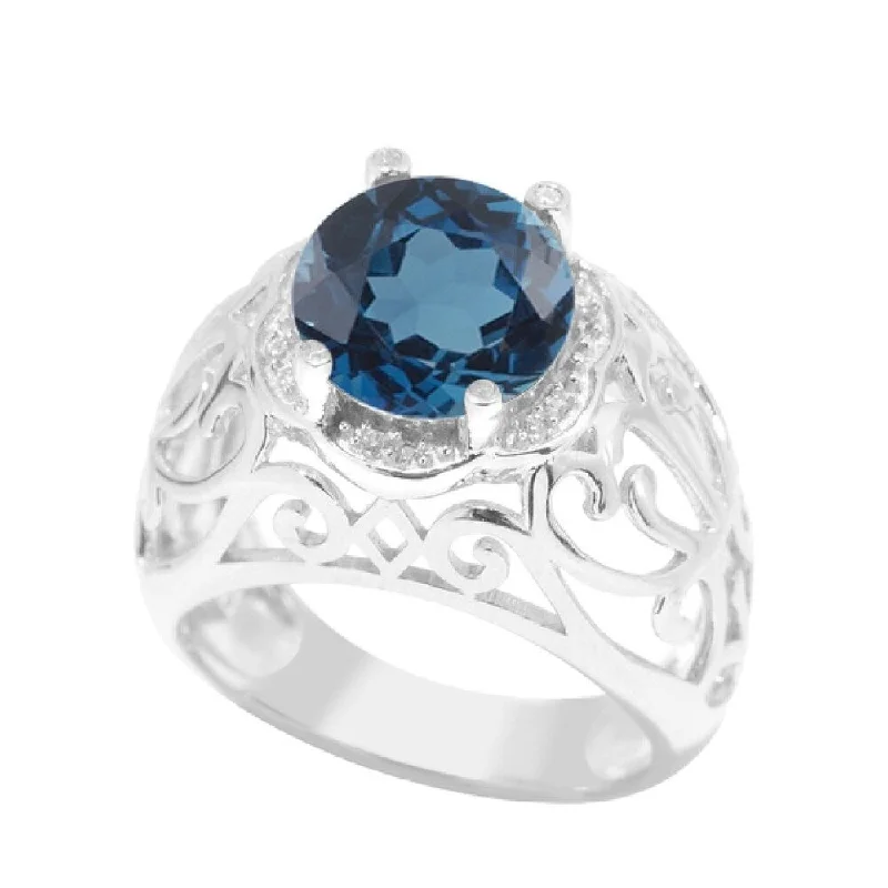 bold rings for women -Sterling Silver with Natural London Blue Topaz and White Zircon Scrollwork Ring