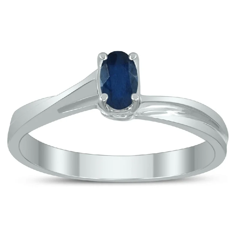 anniversary rings with gemstones -Solitaire Oval 5X3MM Sapphire Gemstone Twist Ring in 10K White Gold