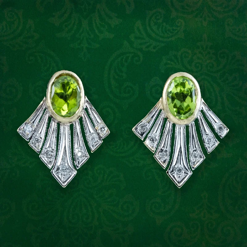 elegant pearl drop earrings -Art Deco Style Peridot Diamond Fan Earrings 9ct Gold