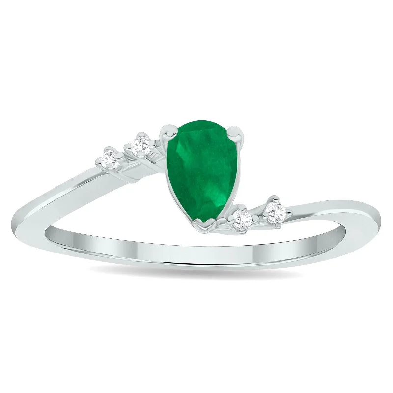 unique gemstone rings -Women's Emerald and Diamond Wave Ring in 10K White Gold