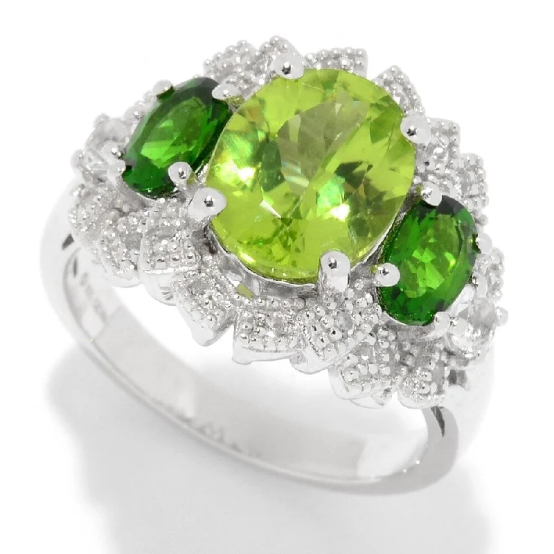 luxury diamond wedding rings -Sterling Silver Peridot & White Topaz Fancy Halo Ring