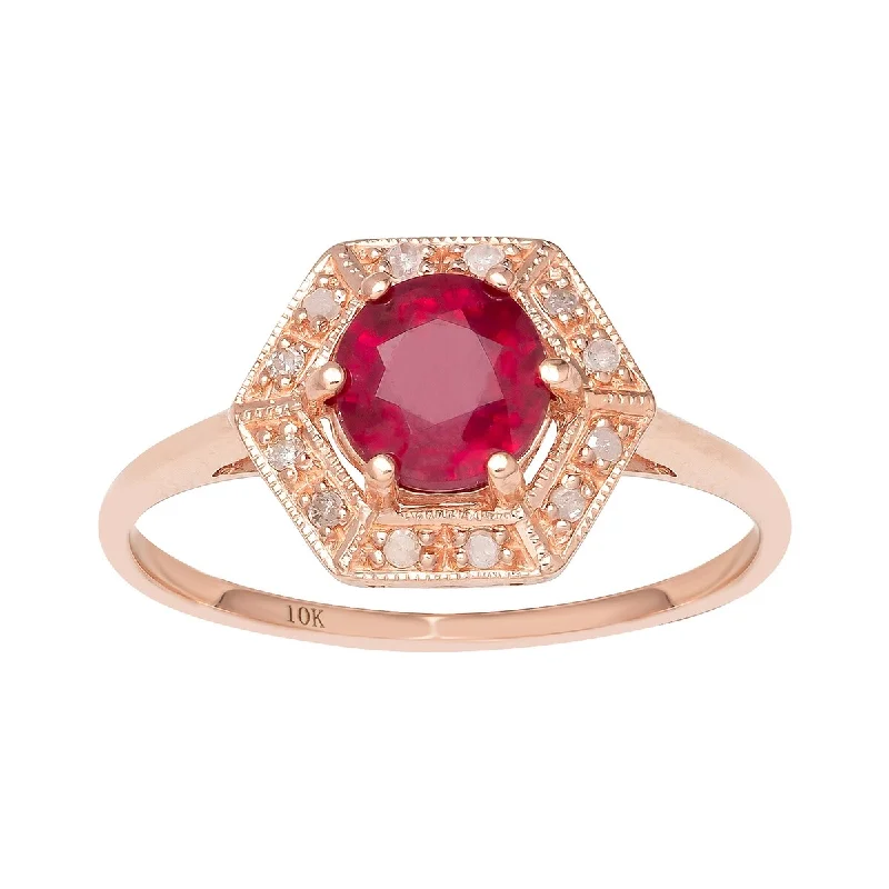 halo wedding rings for women -Viducci 10k Rose Gold Vintage Style Genuine Round Ruby and Diamond Halo Ring