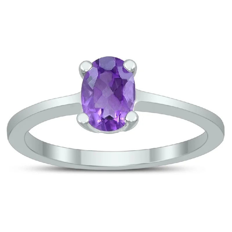 anniversary rings for women -Oval Solitaire 7X5MM Amethyst Ring in 10K White Gold