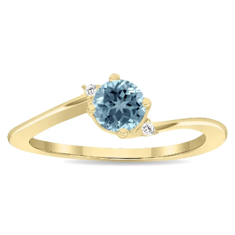 solitaire rings for women -Women's Round Shaped Aquamarine and Diamond Wave Ring in 10K Yellow Gold