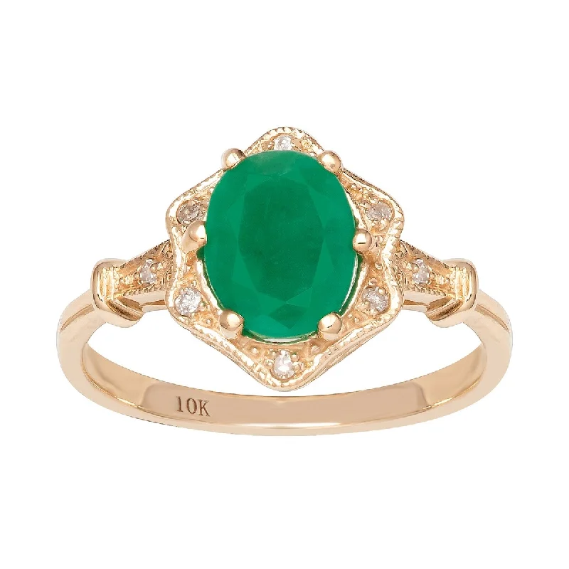 rose gold engagement rings -Viducci 10k Yellow Gold Vintage Style Genuine Oval Emerald and Diamond Halo Ring